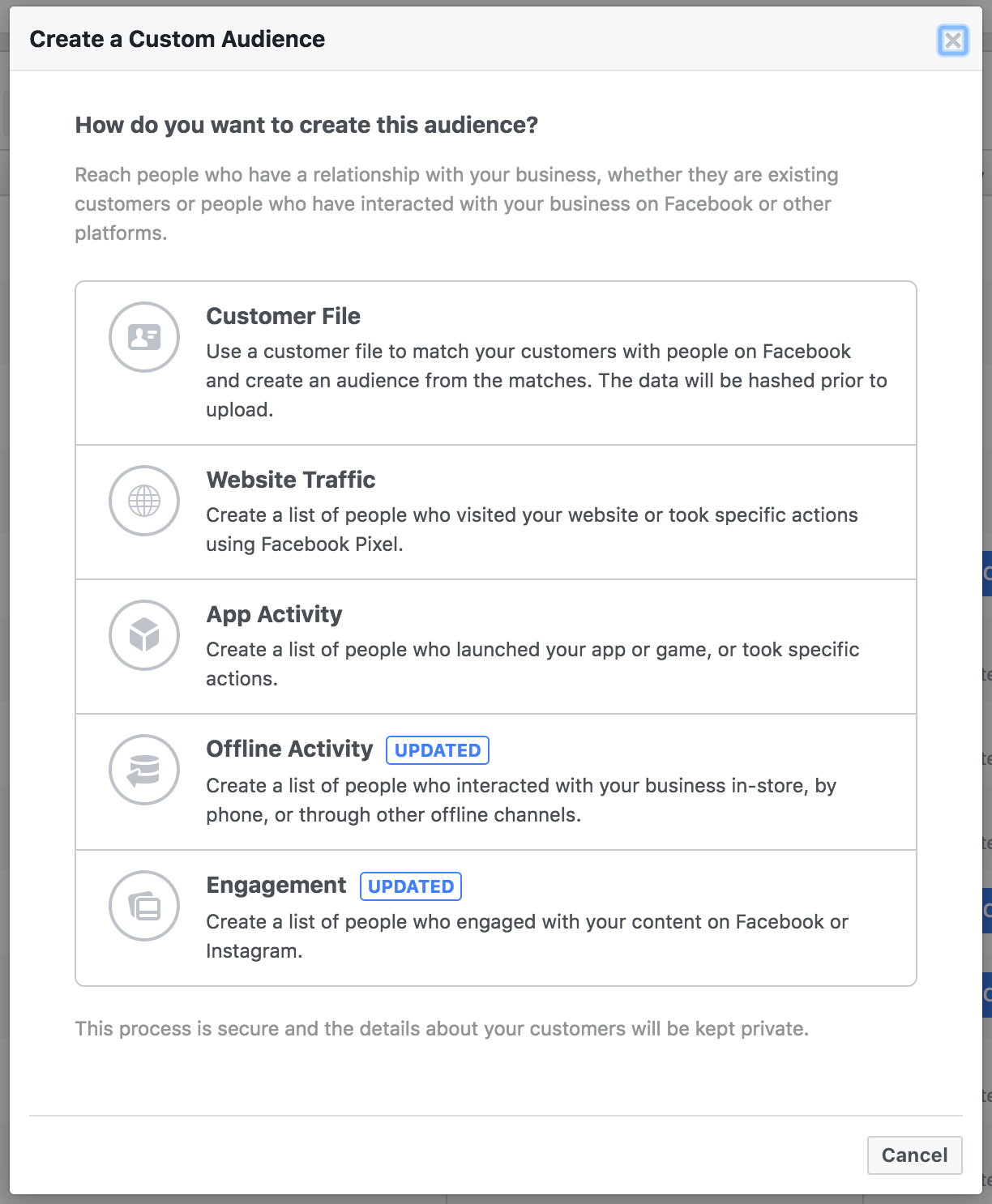 facebook custom audience options